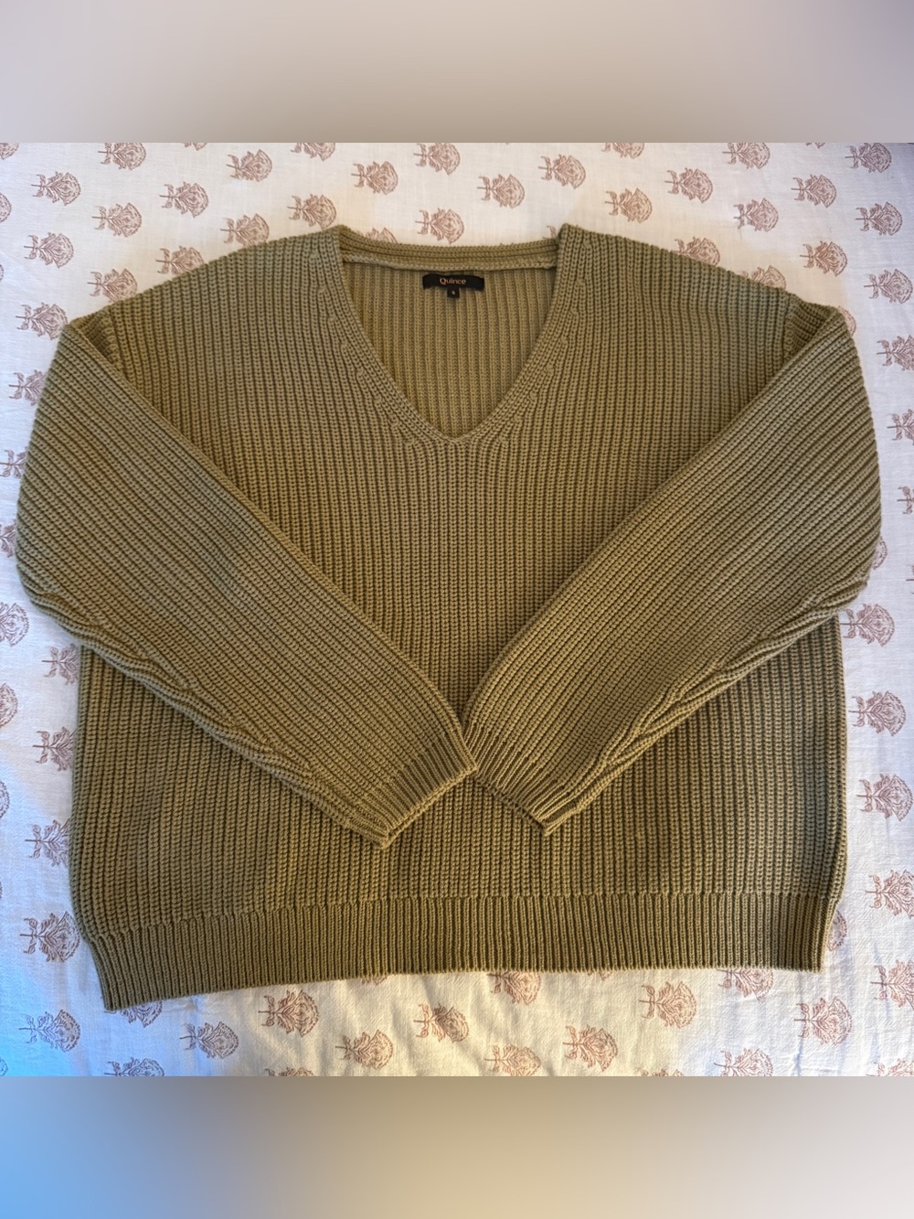 Quince Moss Green Cotton Fisherman V-Neck Sweater size S